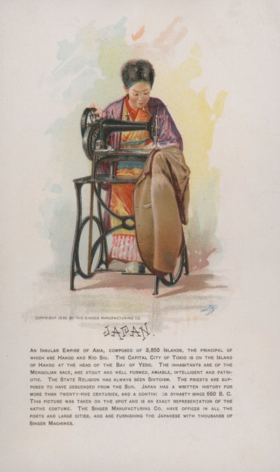 Mujer japonesa cosiendo, anuncio de máquinas de coser Singer, 1892 de American School